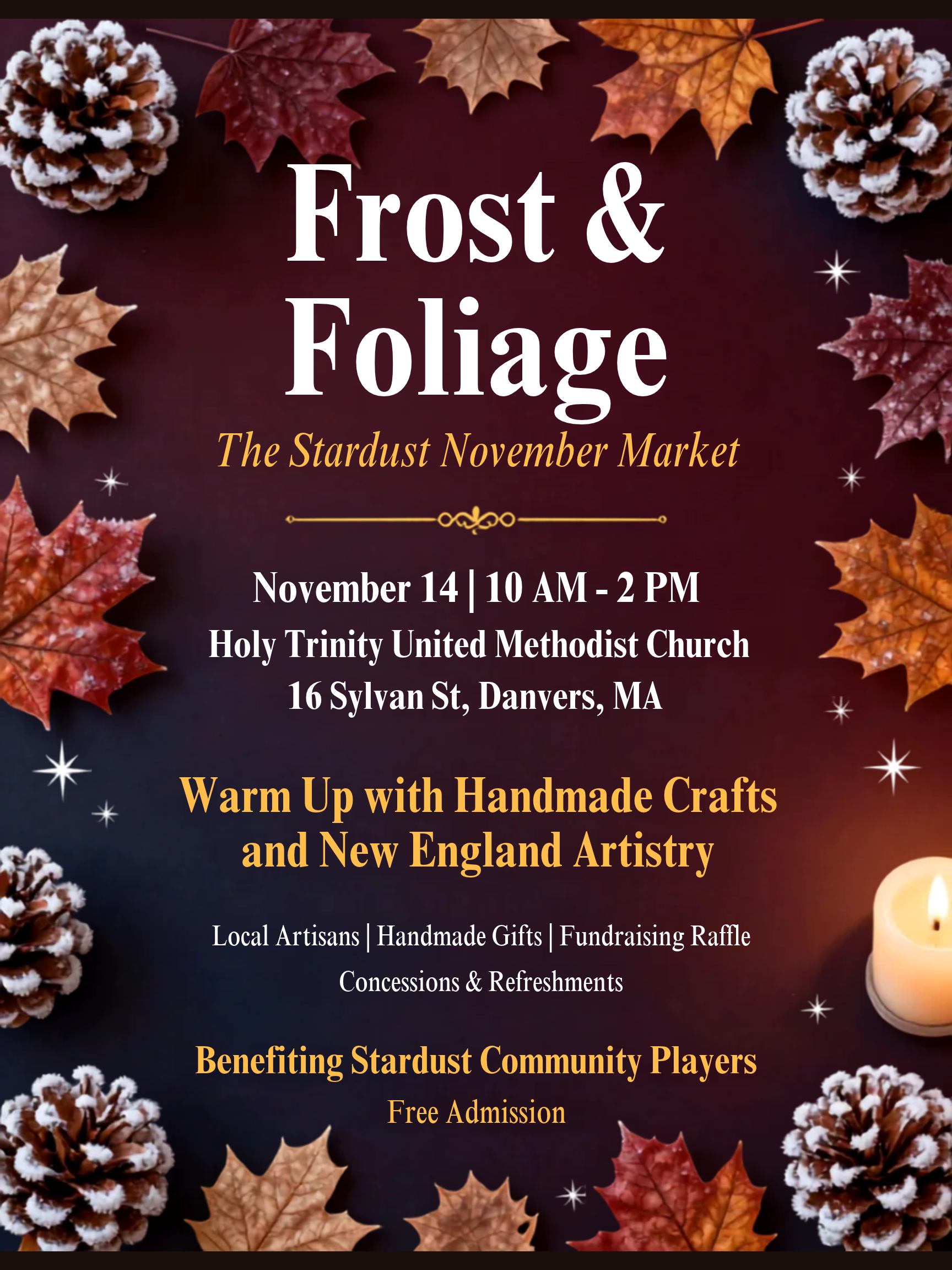 Frost & Foliage November market flyer with autumn leaves and event details